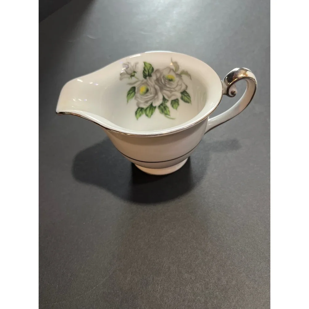 Gold Coast China First Love Creamer and Sugar Bowl Set White Rose Platinum Trim